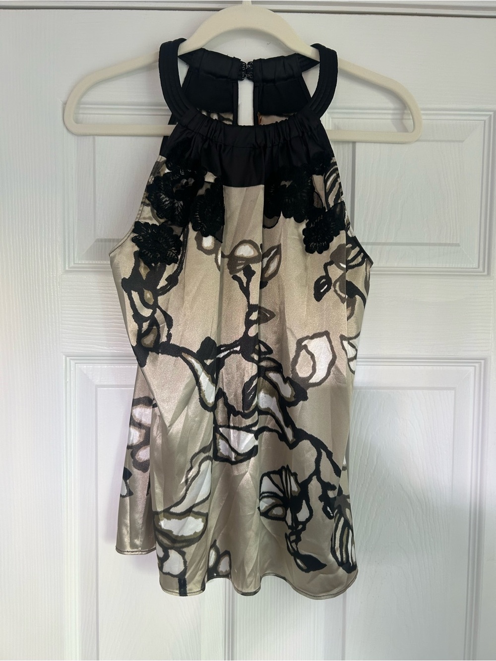 Tahari Floral Halter Satin Top in Black and Champagne M